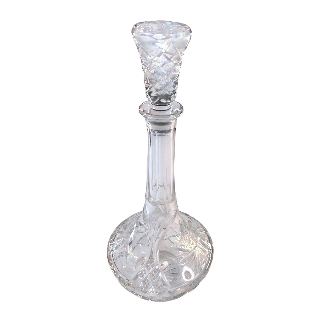 Vintage Cut Crystal Decanter Pinwheel Starbust Diamond 13.5in Retro MCM Barware